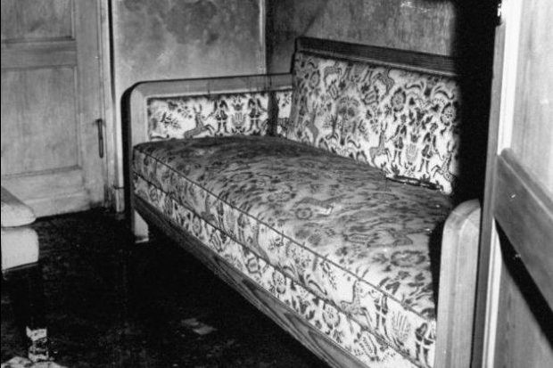 The blood-stained sofa in Hitler’s Berlin bunker The blood-stained sofa in Hitler’s Berlin bunker