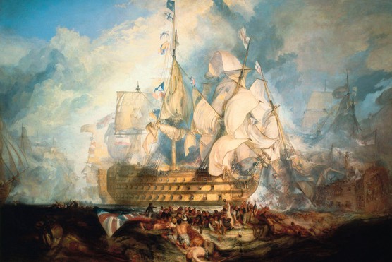 A painting of a ship with several white sails and flags on it. In front of the ship, there are large crowds of people in small boats