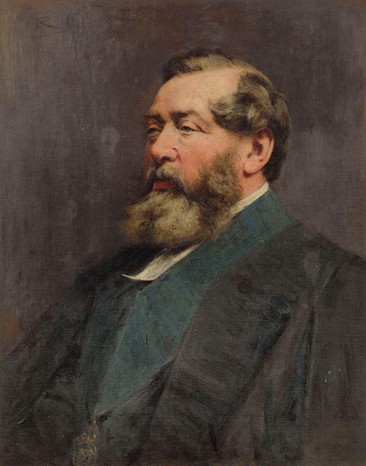 Norman Macleod, Victoria’s Scottish chaplain, portrayed in a posthumous painting. He reportedly confessed on his deathbed to marrying the queen and John Brown (Image by Alamy) A man sits facing the left. He has a thick beard and brown hair and has a blue collared jacket