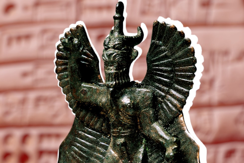 A statue of an ancient Mesopotamian demon stands before a backdrop of cuneiform text, evoking the richly layered world of ancient Near Eastern religion.