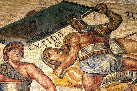 This 4th-century AD mosaic from Terranova near Tuscolo depicts gladiators locked in combat, capturing the drama and choreography of the arena in late Roman Italy. Even as public spectacles waned in some parts of the empire, scenes like this show how gladiatorial fighting remained a potent form of popular entertainment.
