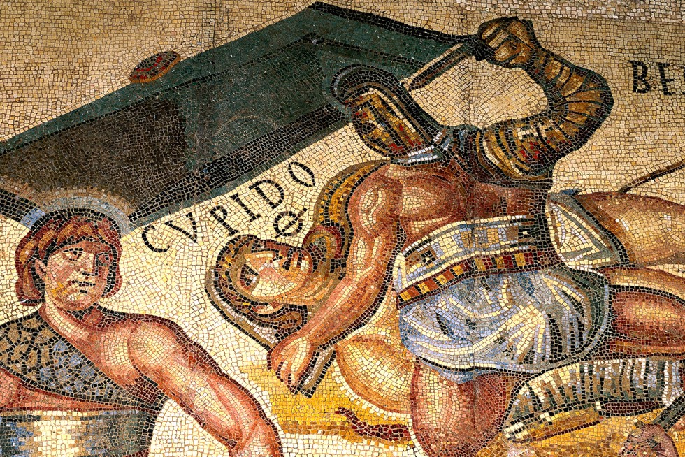 This 4th-century AD mosaic from Terranova near Tuscolo depicts gladiators locked in combat, capturing the drama and choreography of the arena in late Roman Italy. Even as public spectacles waned in some parts of the empire, scenes like this show how gladiatorial fighting remained a potent form of popular entertainment.