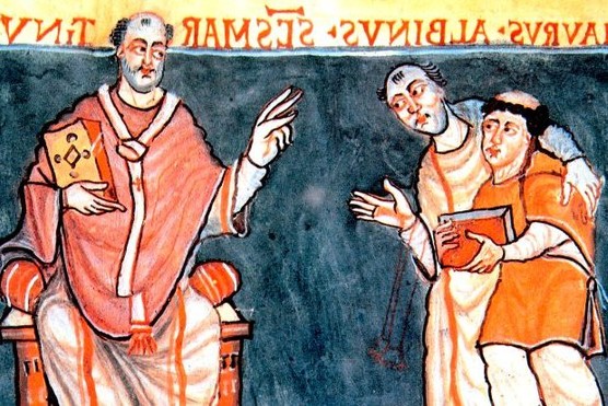 This 9th-century illustration shows Alcuin of York presenting his pupil Rabanus Maurus to Saint Martin. An influential scholar and teacher, Alcuin played a key role in the intellectual revival of Charlemagne’s court.