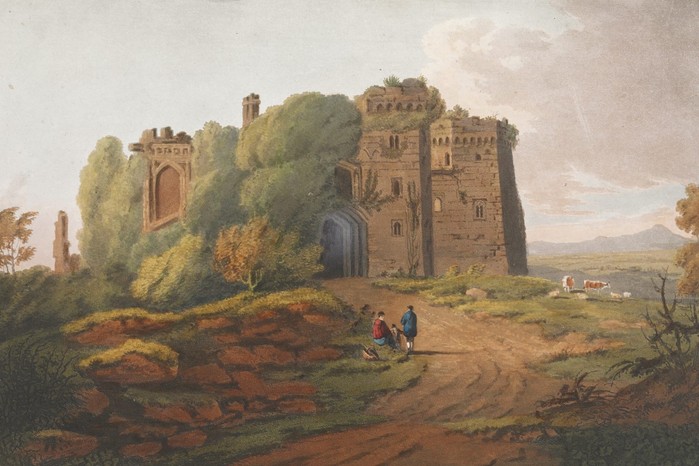 An early 19th-century coloured engraving of Raglan Castle, seat of William Herbert, who was granted wardship of young Henry Tudor after 1461. Following a long separation, Margaret visited her son here in 1467 (Image by Bridgeman Images) A painting of a large stone castle, with trees in front of it and a large path leading up to it