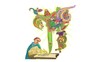 Illustration by Femke de Jong An illustration of a monk writing on a large piece of parchment, with colourful and dramatic scenes spilling out of the pen