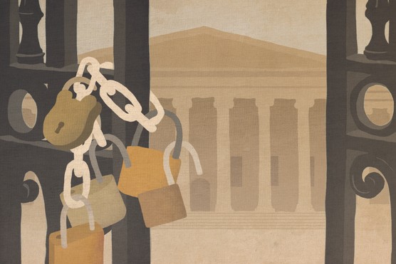 An illustration showing a large white building with a triangular roof and columns. In front of it, there is an open gate with chains and several padlocks hanging from the left hand side