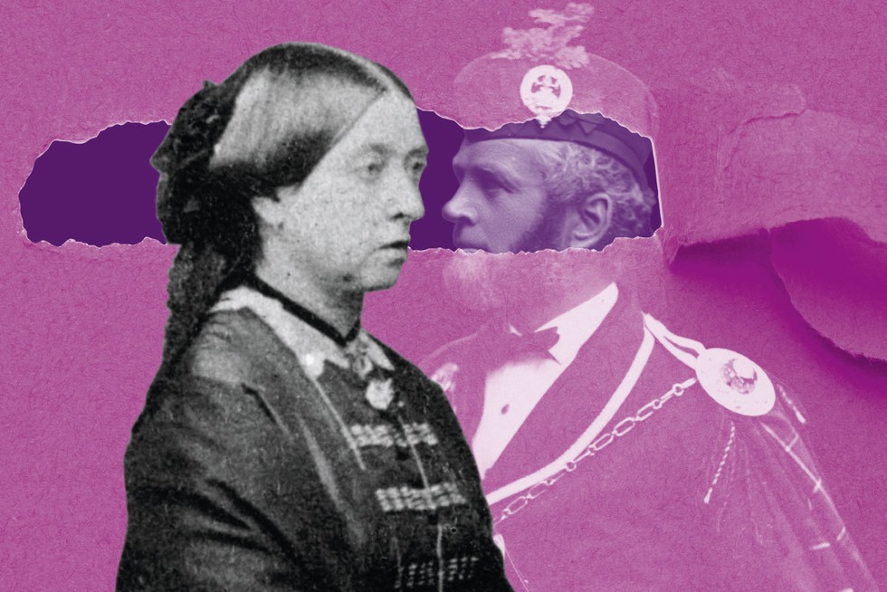 Queen Victoria (pictured, far left, in 1861) and her Highland servant John Brown, photographed in the c1870s. Fern Riddell’s research suggests that their relationship may have been more intimate than previously believed (Images by Getty Images and Dreamstime) To the left, there is a black and white image of Queen Victoria. She is dressed in dark clothing and has her hair partially pulled back by a black fastening. Facing her, on the right is an image of John Brown, a bearded man wearing military uniform and a hat. Over them, there is a pink treatment with a rip in it