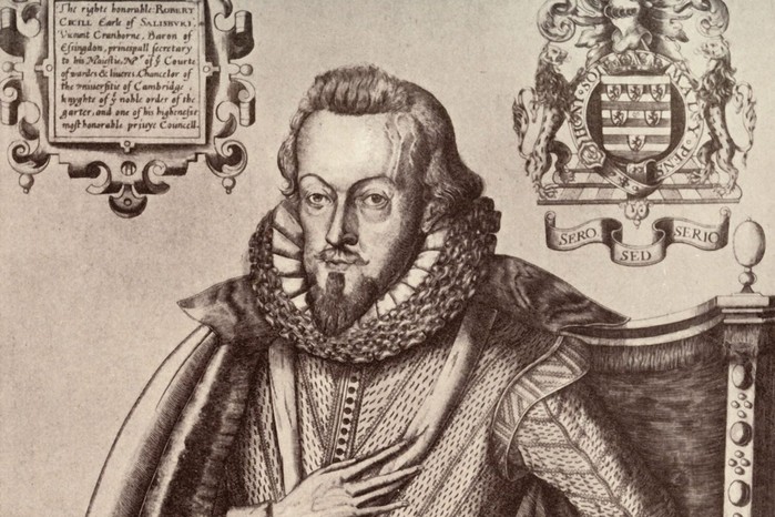 This 1607 engraving shows Robert Cecil, 1st Earl of Salisbury, the statesman and spymaster who served both Elizabeth I and James I. A key architect of early modern government, Cecil steered foreign policy, managed intelligence networks, and helped secure the Stuart succession.