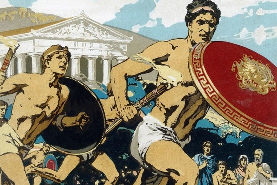 Athletes battle it out in the torch race, one of several foot races held on day four. (Photo by Universal History Archive/Getty Images) A depiction of athletes in the torch race, ancient Olympics