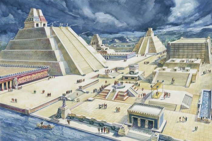Clouds over pyramids, Templo Mayor, Tenochtitlan, Mexico City, Mexico This colour illustration reconstructs the ceremonial heart of Tenochtitlan, with the twin pyramids of the Templo Mayor rising above the city. At its 15th-century height, the Aztec capital was a vast island metropolis of temples, marketplaces, and canals.