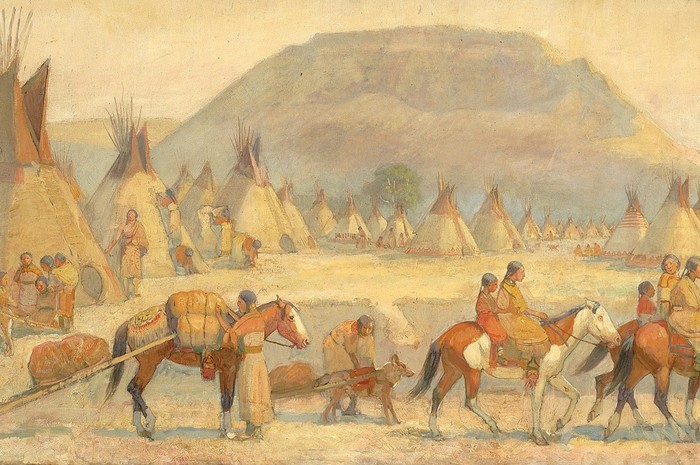 Blackfoot Camp Scene A depiction of the Native North American Blackfoot camp set against the plains landscape. Tipis, riders, and figures at work show the rhythm of daily life within a nomadic community whose culture centred on kinship, mobility, and the great bison herds of the northern plains.