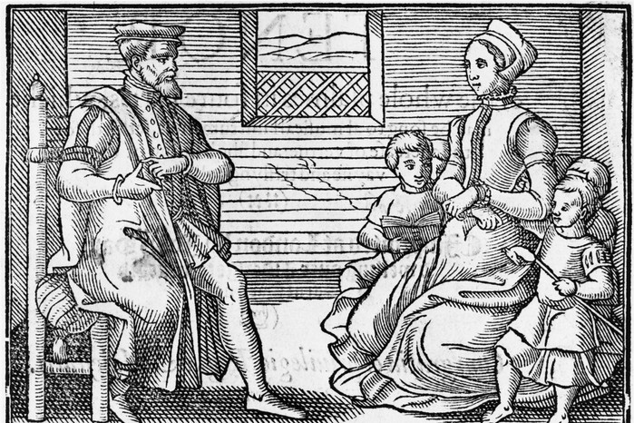 Tudor Family At Prayer This 1563 illustration shows a Tudor family at prayer, reflecting the central role of religion in daily life during a time of intense religious change. Scenes like this capture the influence of the Reformation on both public worship and private devotion.