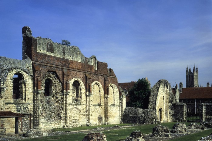 St Augustine's Abbey, Canterbury, Kent, 1991. The ruins of St Augustine’s Abbey in Canterbury. Founded in 598 by St Augustine, the abbey became one of the most important centres of early Christianity in England.