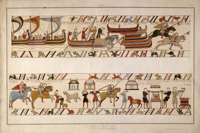 Norman Invaders on Tapestry This section of the Bayeux Tapestry shows the Norman army crossing the Channel in 1066, followed by the preparation of food after landing in England. The detail underscores the logistical organisation behind William of Normandy’s invasion.