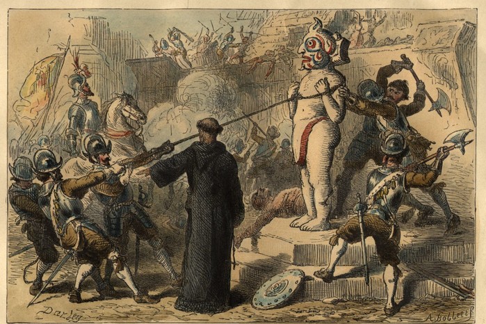 Spanish conquistadors destroying Aztec idols in the aftermath of the conquest. Such acts formed part of a wider campaign to suppress Indigenous religion and assert Christian authority, reshaping the spiritual and cultural landscape of central Mexico in the early colonial period.