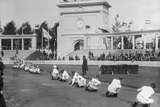 Belgium and the Netherlands compete at the Antwerp Olympics, 1920. (Image by Bettmann/Getty Images) Belgium and the Netherlands compete in a tug of war at the Antwerp Olympic