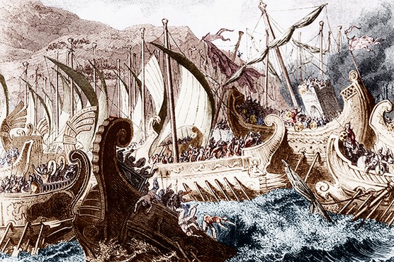 A Persian army led by King Xerxes I and the Greek army led by Themistocles clashed at sea at the 480 BC battle of Salamis (Photo by ullstein bild/ullstein bild via Getty Images) Boats clash at sea in this illustration of the 480 BC battle of Salamis, fought between a Persian army led by King Xerxes I and the Greek army led by Themistocles
