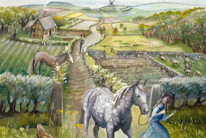 This modern reconstruction drawing imagines a rural English landscape around 1600, highlighting the rhythms of Tudor farming life. Agriculture dominated the economy, with seasonal labour, smallholdings, and common land shaping the everyday experience of most of the population.