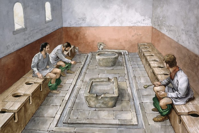 This reconstruction shows the 2nd-century latrine at an auxiliary fort on Hadrian’s Wall. Built around AD 124, the communal facility featured stone seats set above a flowing water channel.
