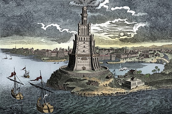 The Lighthouse of Alexandria as imagined in the 18th century. It was built on the island of Pharos in the bay of Alexandria (Photo by The Print Collector/Getty Images)os Of Alexandria Colourised print of the Lighthouse of Alexandria as imagined in the 18th century