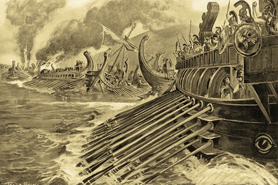 A modern illustration shows Sparta sailing to victory against the Athenians at the naval battle of Aegospotami in 405 BC (Photo by Universal History Archive/Universal Images Group via Getty Images) A trieme is rowed towards a naval battle in a scene depicting the battle of Aegospotami in 405 BC