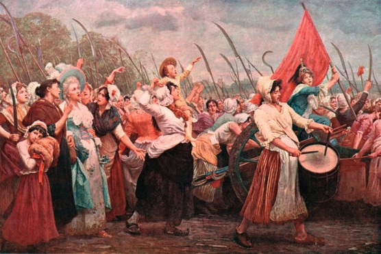 Around 7,000 people, many of them women, march to the Palace of Versailles in October 1789 to implore King Louis XVI and the royal family to return with them to Paris (Photo by The Print Collector / Getty Images) Women carrying flags and scythes or beating drums - one has a child on her shoulders - march on the Palace of Versailles to protest to the king