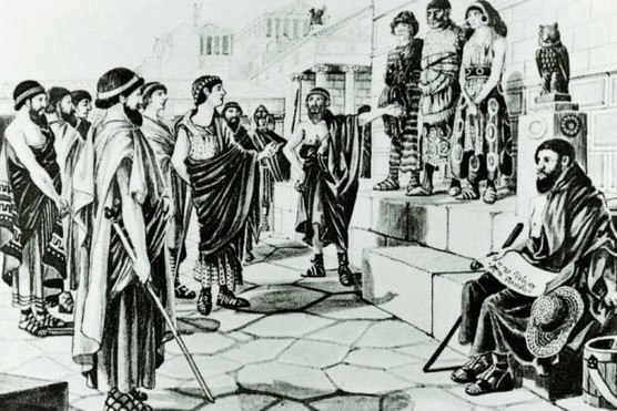 A modern illustration shows prisoners of war being sold into slavery – a common practice throughout ancient Greece. (Image by Getty Images) A modern illustration shows prisoners of war being sold into slavery