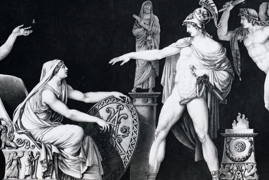 Raising warriors was an important duty for Spartan women – here, a son leaves his mother to go to battle. (Photo by DeAgostini/Getty Images) A depiction of a Spartan mother saying goodbye to her son, she is seated as he leaves