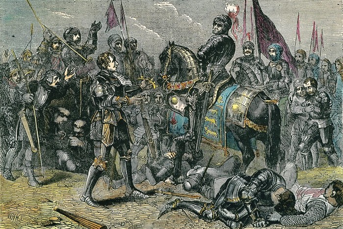 An engraving showing a battlefield, with one man on a black horse, being handed a crown by a man in armour on the left