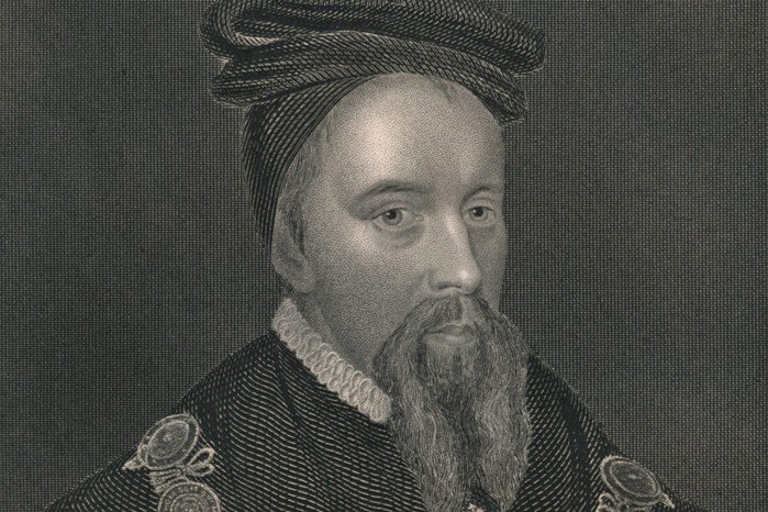 A painting of a pan with a long, narrow build and a hat on his head