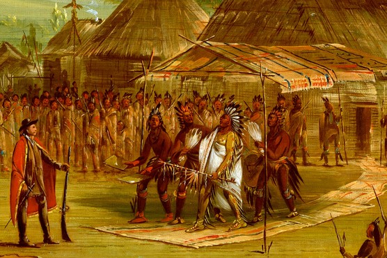 This illustration shows the chief of the Taensa people receiving the French explorer René-Robert Cavelier de La Salle on 20 March 1682. Set in what is now Louisiana, the scene reflects the early encounters between Indigenous nations of the Lower Mississippi Valley and Europeans