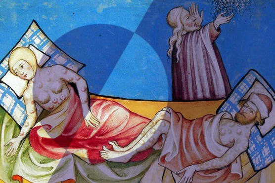 Miniature depicting a couple suffering from the blisters of the Black Death, the bubonic plague that swept Europe in the Middle Ages. From the Swiss manuscript the Toggenburg Bible, 1411. Pigment on vellum. (Photo by VCG Wilson/Corbis via Getty Images)