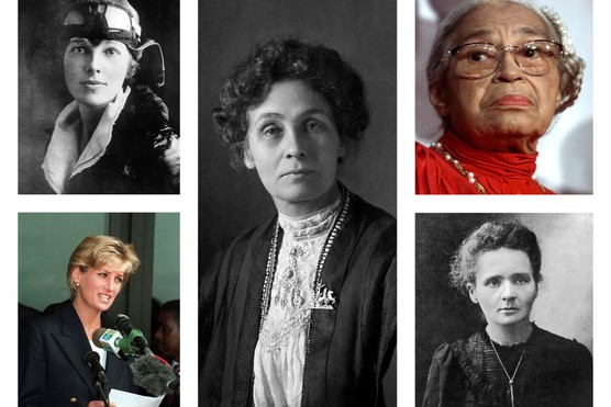 Top r–l: Amelia Earhart, Emmeline Pankhurst, Rosa Parks. Bottom l–r: Princess Diana, Marie Curie. (Photo by Getty Images) Amelia Earhart, Princess Diana, Emmeline Pankhurst, Rosa Parks and Marie Curie. (Photo by Getty Images)