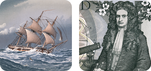 A 1794 painting of a 28 gun frigate Royal Navy warship and an image of Isaac Newton from old English money