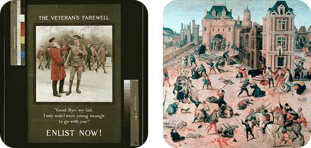 A poster of 'the veteran's farewell' to encourage men to enlist in the army and a painting of 'St Bartholomews day massacre' by FranCois Dubois